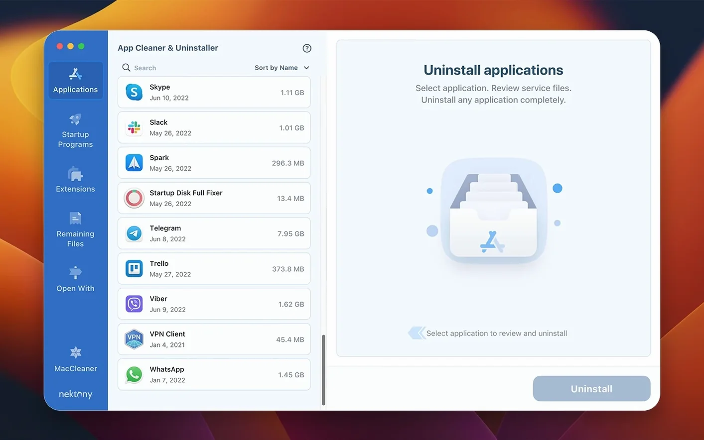 app cleaner & uninstaller — window overview